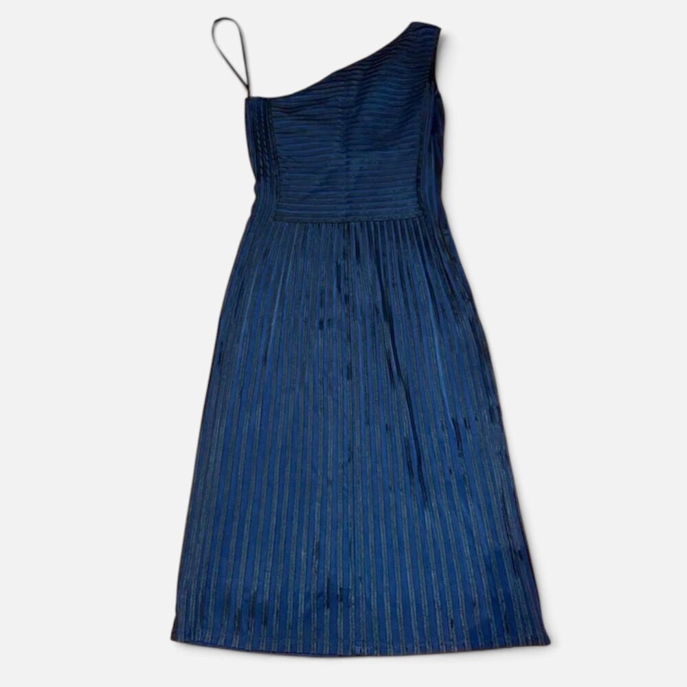 Adolfo Dominguez Textured Navy Formal Midi Dress 6 Party Designer One Shoulder
